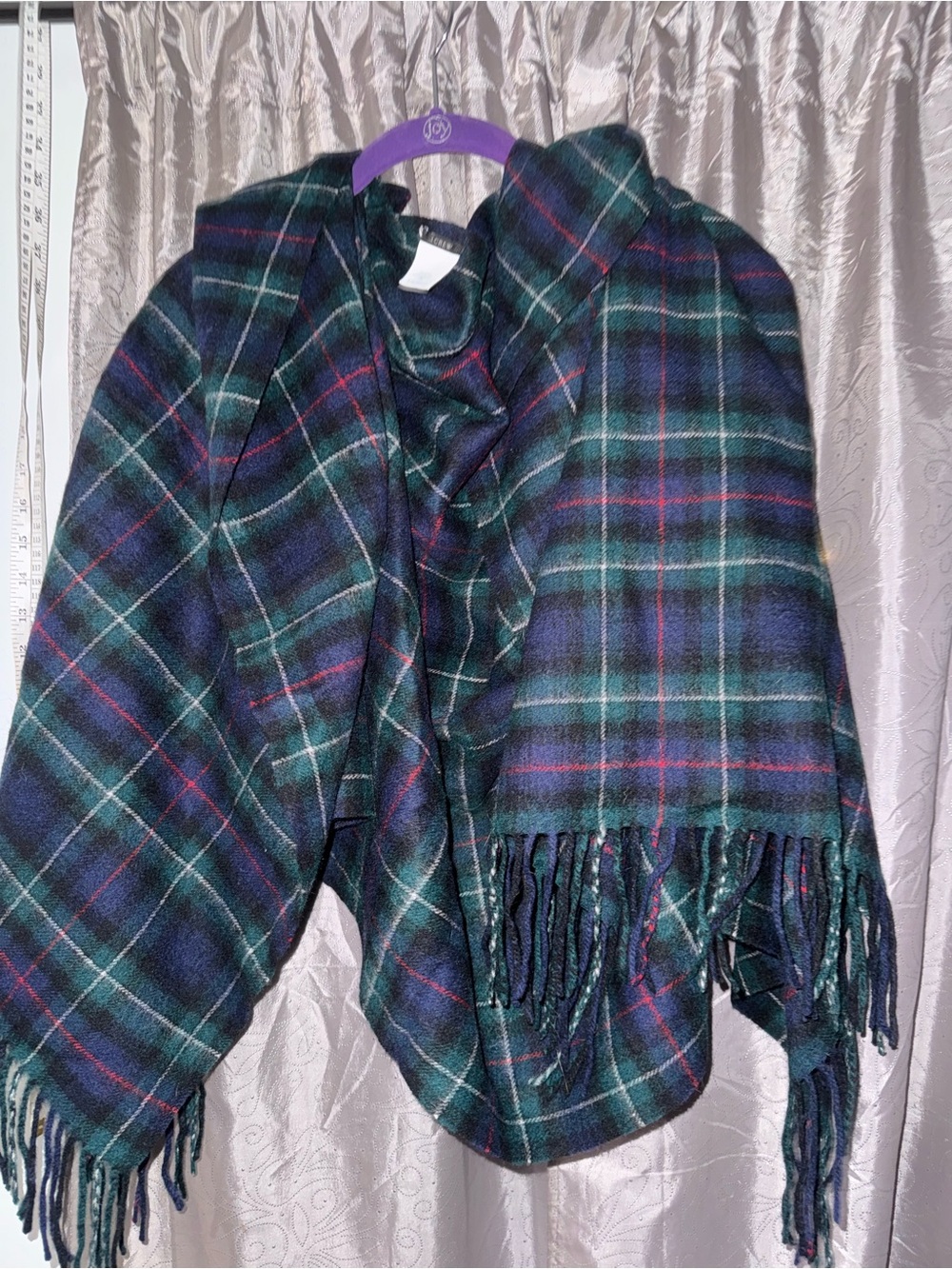 J. Crew Green and Navy Plaid Fringe Cape